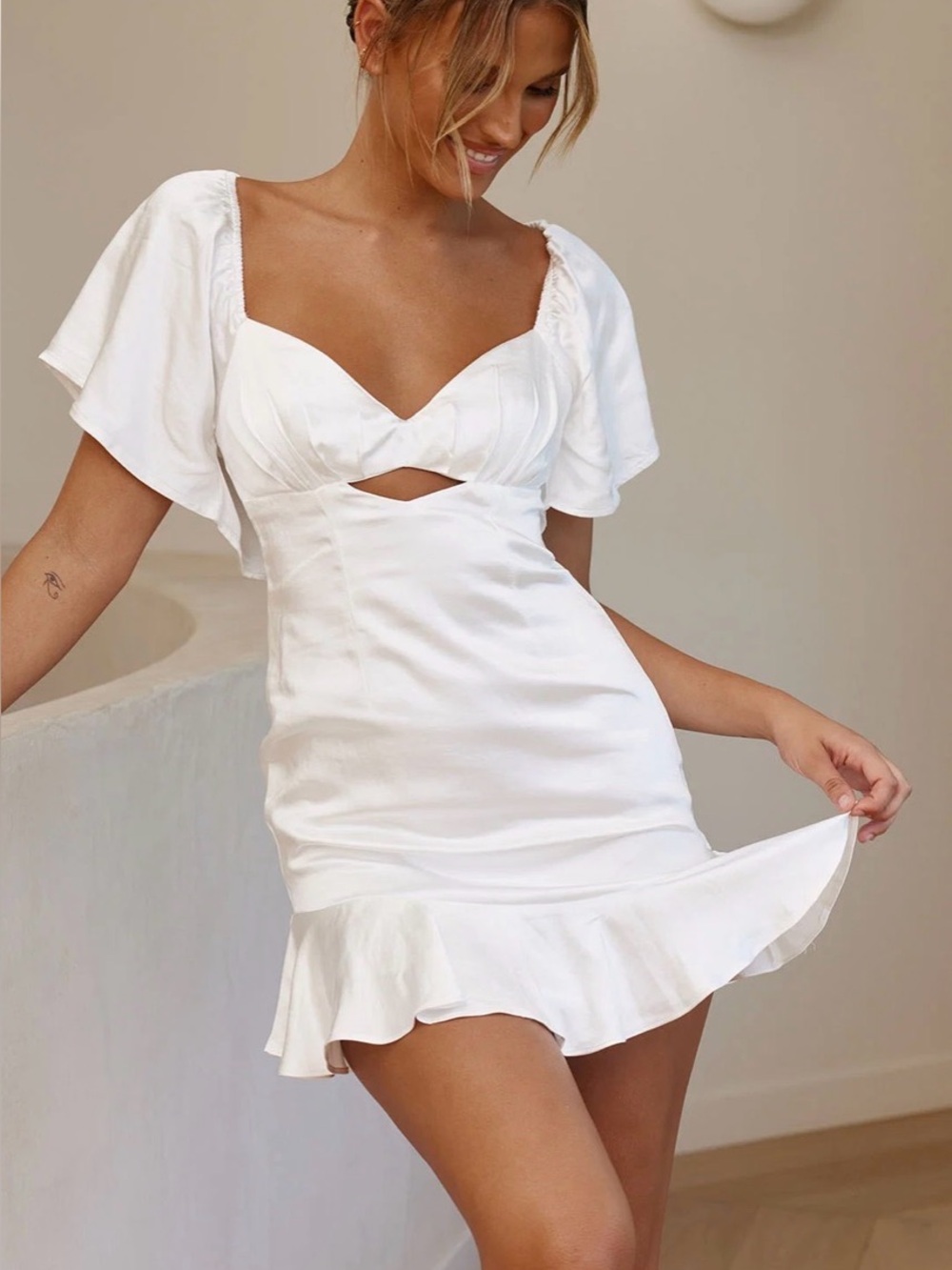 Eyes On You Pleated Bust Angel Sleeve Ruffle Hem Dress White